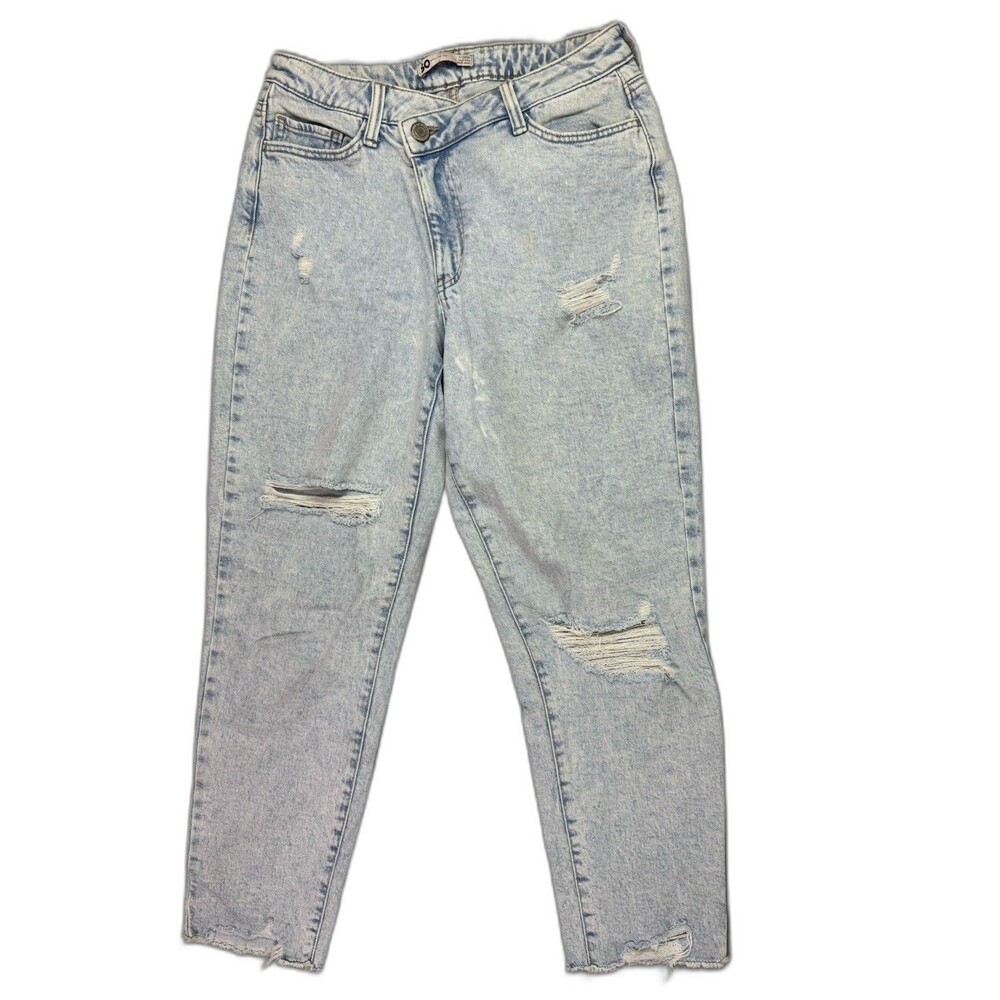 SO Size 7 28 Women Jeans Ankle High Rise Mom Light Wash Stretch Distress Raw Hem